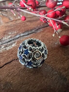 Authentic Pandora Charm Blue Night Sky 14k Gold Silver Crystal Stars  Enamel Cz